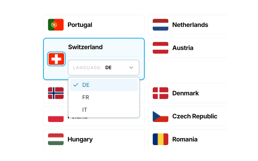 LINA market language selector showing Switzerland with German, French, and Italian options